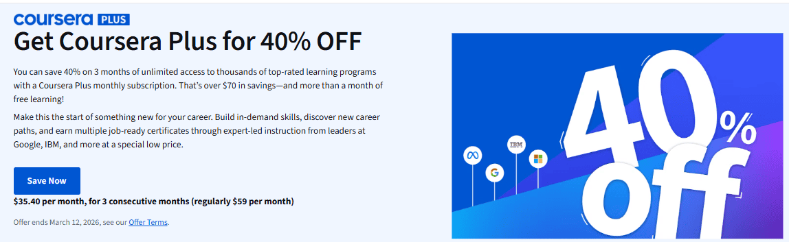 40% OFF on Coursera Plus