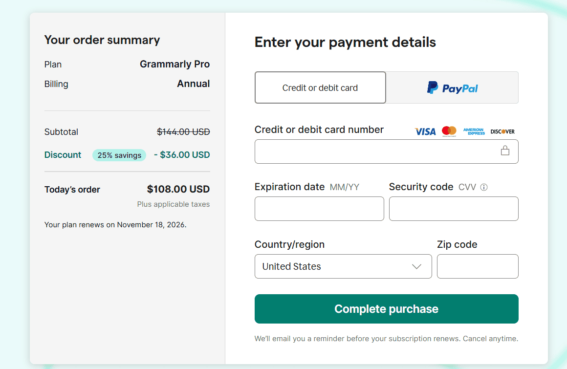 Grammarly Checkout Page